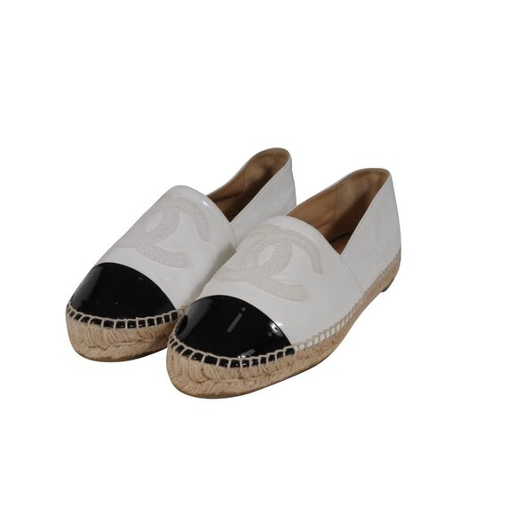 Chanel Women CC Logo Espadrilles EU 39 US 9 White Black Patent Leather Cork Sole - Picture 3 of 12